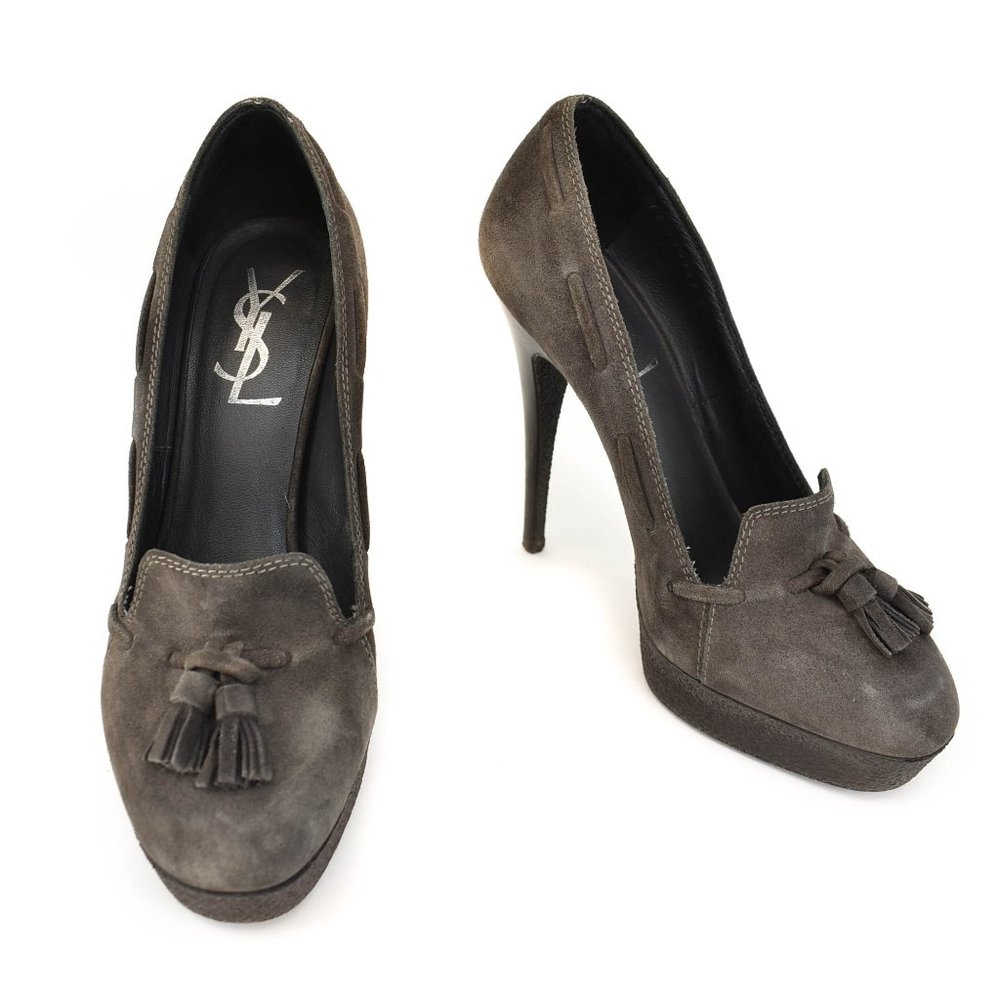 YSL: Brown, Suede Leather Platform Loafer Heels